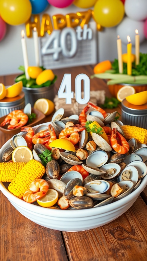 A festive clam bake with clams, shrimp, corn, and potatoes on a rustic table, adorned with birthday decorations.